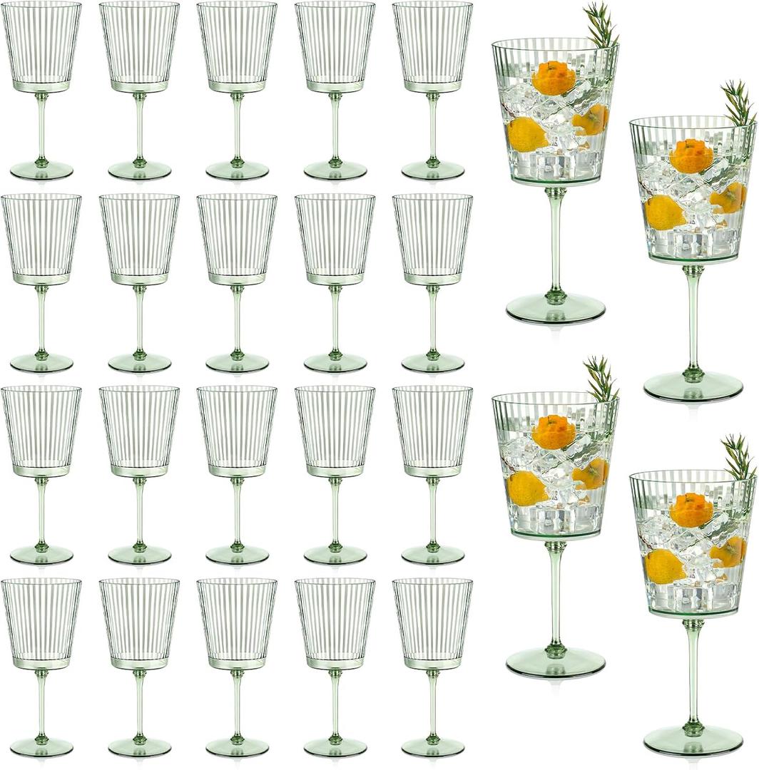 24 PCS Green Plastic Wine Glasses with Removable Stems 13.5 Oz Ribbed Wine Glasses Square White Wine Glass Muted Pastel Colors Goblets Elegant Fluted Glassware for Wedding Anniversary Birthday