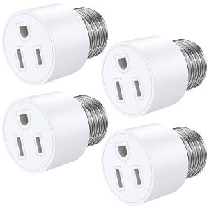 4 Pack Light Socket to Plug Adapter, 3 Prong Light Socket Adapter, Light Bulb Outlet Socket Adapter, Easy Installation E26/E27 Bulb Socket Adapter for Garage Porch Basement