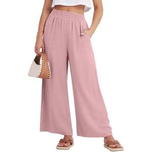 GRECERELLE Wide Leg Pants for Women Womens Cotton Summer Palazzo Pants Pink-L Sweet Blush Pink Palazzo Pants for Cute Romantic Date Brunch Casual Feminine Soft Summer Style, Size L