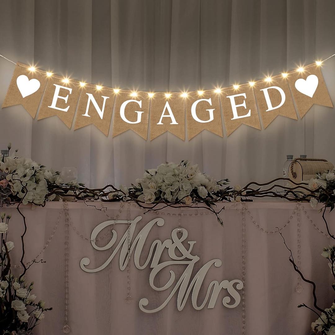Engagement Party Decorations Engaged Banner Heart Burlap Rustic Bunting Garland LED Fairy Lights Battery Operated String Lights for Congratulations Engaged Party Outdoor Tree Decorations Wedding