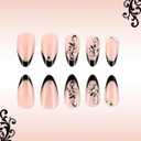 Black French Tip Press on Nails - Medium Almond Fake Nails Press ons with Black Flower & Rhinestones Designs, Glossy Acrylic Nails Full Cover Reusable Glue on Nails for Women Manicure 24Pcs