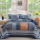 WONGS BEDDING Navy Blue Quilt Set King Size,Bohemian Patchwork Bedspread Coverlet Set, Reversible Farmhouse Floral Pattern Bedspreads Bedding Set for All Seasons (104"x90")
