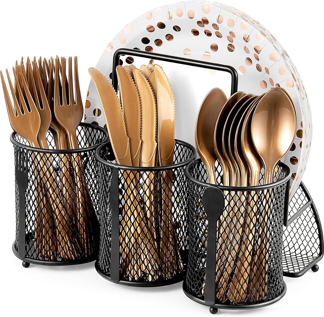 DTICON Utensil Organizer Silverware Caddy - Utensil Holder for Party Metal Cutlery Organizer Silverware Storage for Picnic Camping Buffet Kitchen Table (Black)