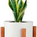 Mozing Ceramic Plant Pots with Stand Indoor - Large Garden Planter Pot with Adjustable Bamboo Plant Stand for 8, 10 inch Flower Pots, Home & Office Decor, White