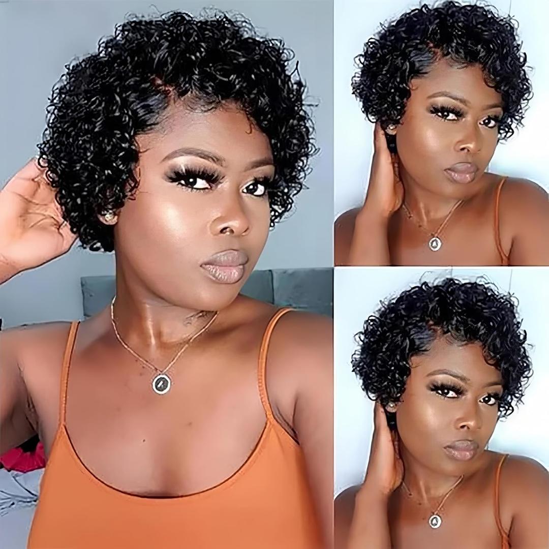 6" Pixie Cut Wig Human Hair, Short Curly 131 Lace Front Human Hair Wigs for Black Women, Natural Black Color Layered Breathable Pixie Wig