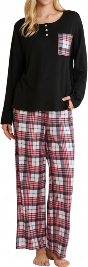 FLYCURVY Women's Pajama Sets 2 Piece Long Sleeve Sleepwear Soft Pj Set Loungewear Plaid Pjs with Pockets XS-L