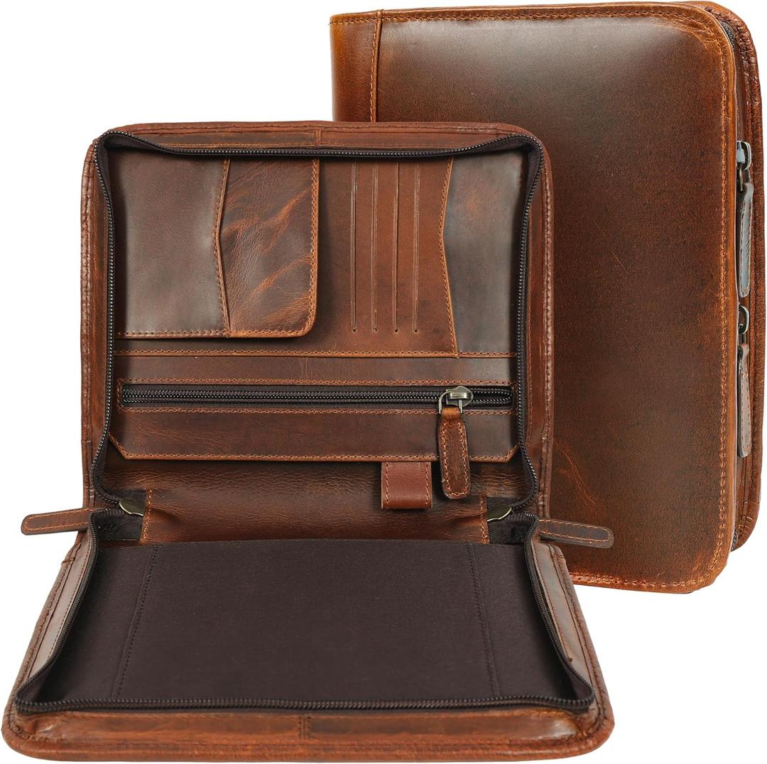 ELIZO Leather Portfolio Leather Padfolio Folio A5 Notebook Cover Work Folder Business Portfolio Organizer Binder Men Women Small (Antique, A5)