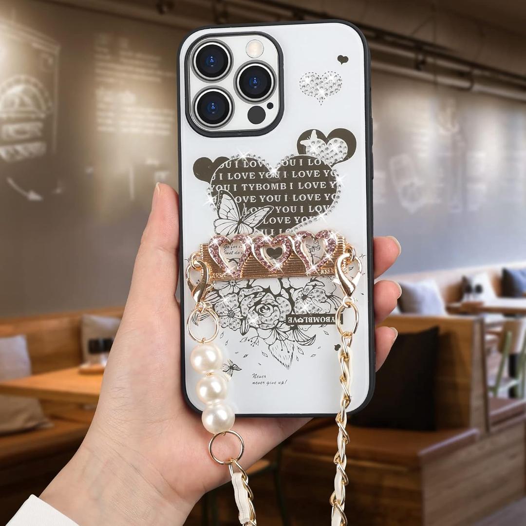 Compatible with iPhone 14 Pro Bling Case with Pearl Crossbody Chain Glitter Love Heart Diamond Rhinestones Floral for Girly Women Soft TPU Bumper Full Camera Lens Protector Cover, White