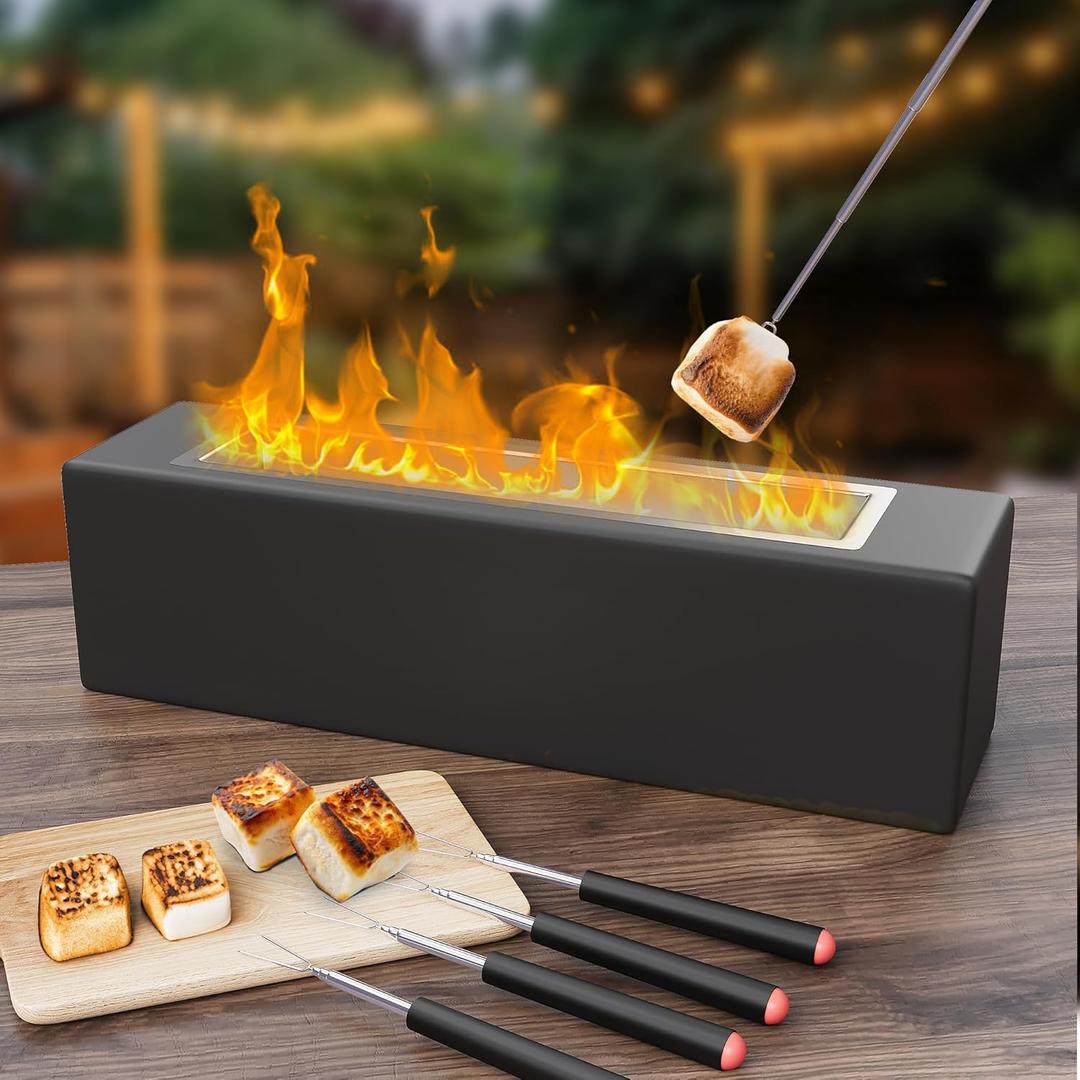 Tabletop Fire Pit - BUPPLEE Portable Mini Fire Bowl, Rectangular Alcohol Firepit, Concrete Tabletop Fireplace for Indoor & Outdoor, Patio, Balcony, Living Room, Camping (Black)
