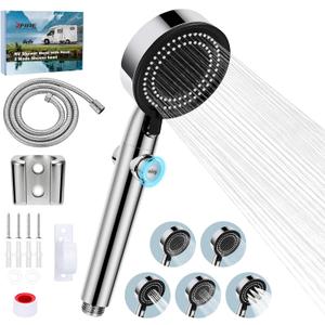 RV Shower Head with Hose, 5+1 Mode High Pressure Replacement with On/Off Switch, Water Saving Motorhome Shower Head for RV/Campervan, Caravan (Silver)