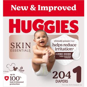 Huggies Size 1 Diapers, Skin Essentials Baby Diapers, Size 1 (8-14 lbs), 204 Count (3 Packs of 68)