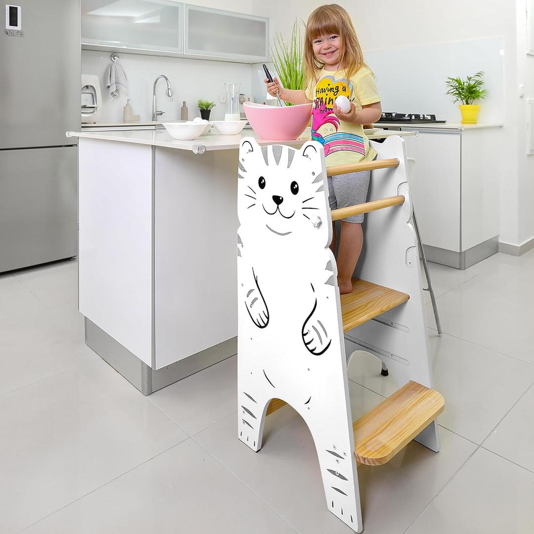 Shandra Kids Kitchen Step Stool for Toddlers, Toddler Tower Adjustable Stool with 3 Adjustable Heights, Suitable for Toddlers 18 Months to 6 Years - Montessori Toddler Stool (Cat)