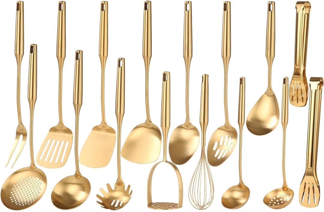 Gold Cooking Utensils Set - 18/10 Stainless Steel Small and Large Spoons Set, 16 PCS All Metal Kitchen Tools, Serving Utensils - Whisk, Masher, Fork, Tongs, Spatula, Turner, Ladle, Skimmer, Pasta