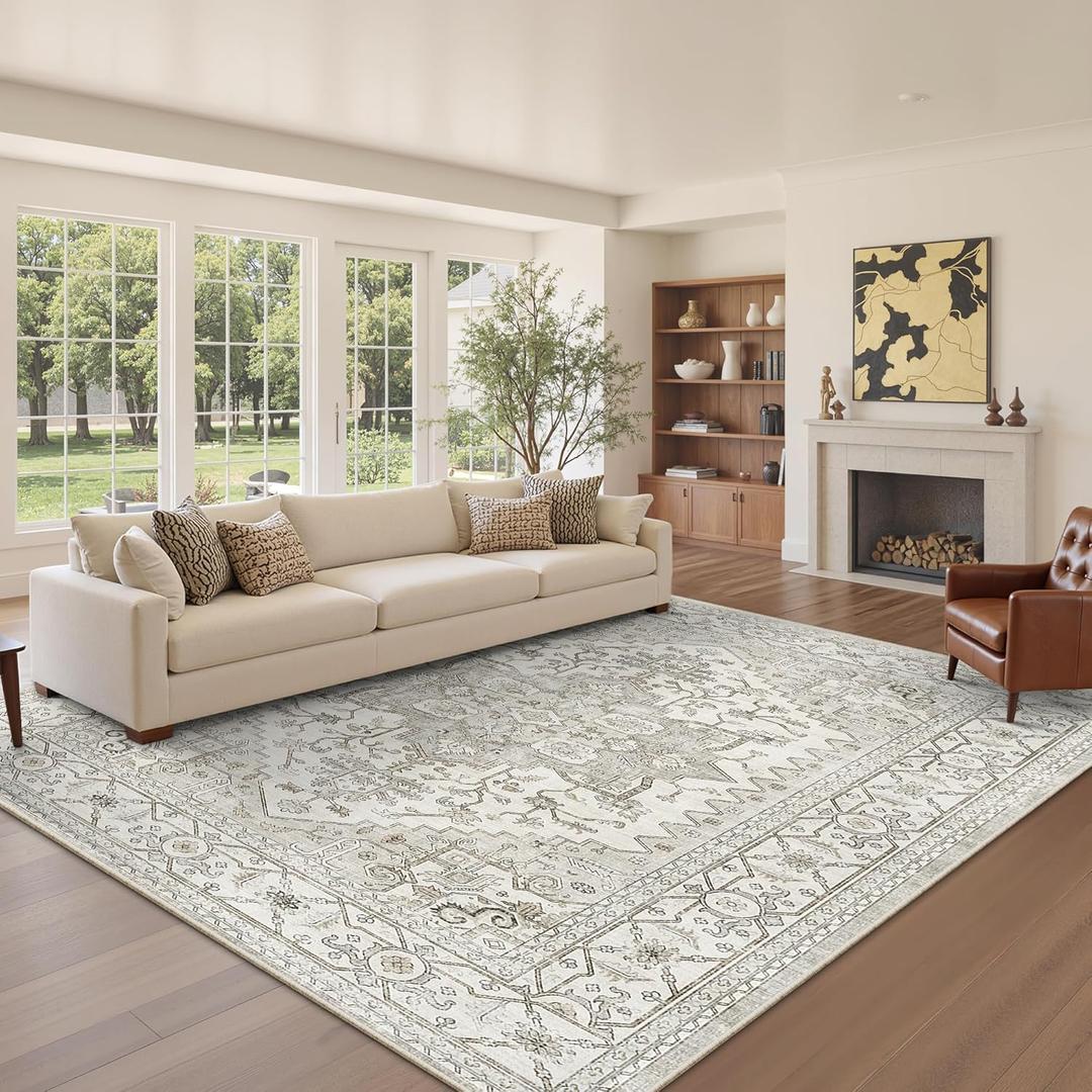 Area Rugs for Living Rooms - 6x9, Boho Non-Slip Low Pile Carpet Machine Washable Rugs for Bedroom, Farmhouse, Office, Dining Room (Beige)