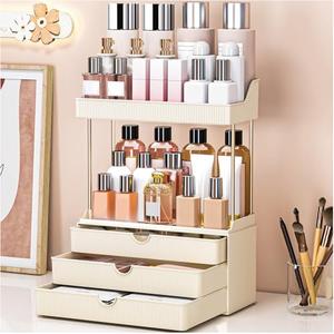 caktraie Bathroom Organizers and Storage - 3 Drawers 2 Tier Makeup Organizer, Cosmetic Storage Drawer for Dresser Countertop and Bathroom Vanity for Large Skincare, Perfume, Cream White
