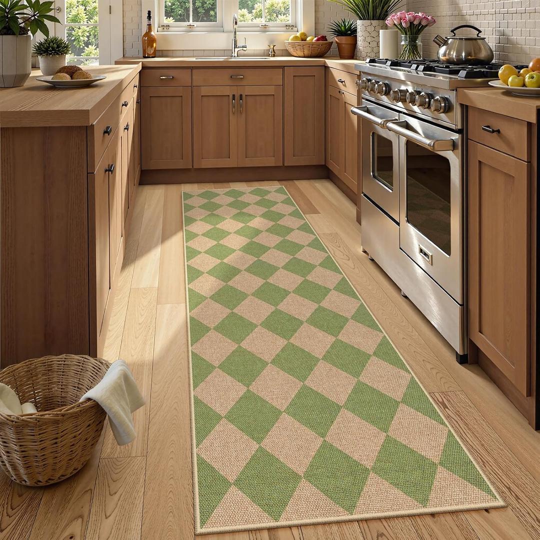 Lahome Colette Checkered Green Runner Rug, 2x8 Carpet Runners for Hallway 8ft Non Slip Entryway Rug, Farmhouse Checkerboard Non Shedding Kitchen Mats for Floor Laundry Corridor