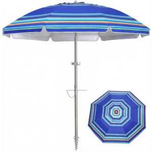 PASAMIC 7ft Beach Umbrella for Sand with Sand Anchor & Tilt, UPF 50+ Protection Beach Umbrellas for Heavy Duty Wind Portable with Carry Bag and Hook, for Patio Pool, Dark Blue Stripes Random pattern