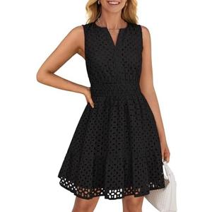 ZESICA Women's Summer Sleeveless Mini Dress V Neck Hollow Out Eyelet High Waist A Line Swing Short Party Dresses, Size XL