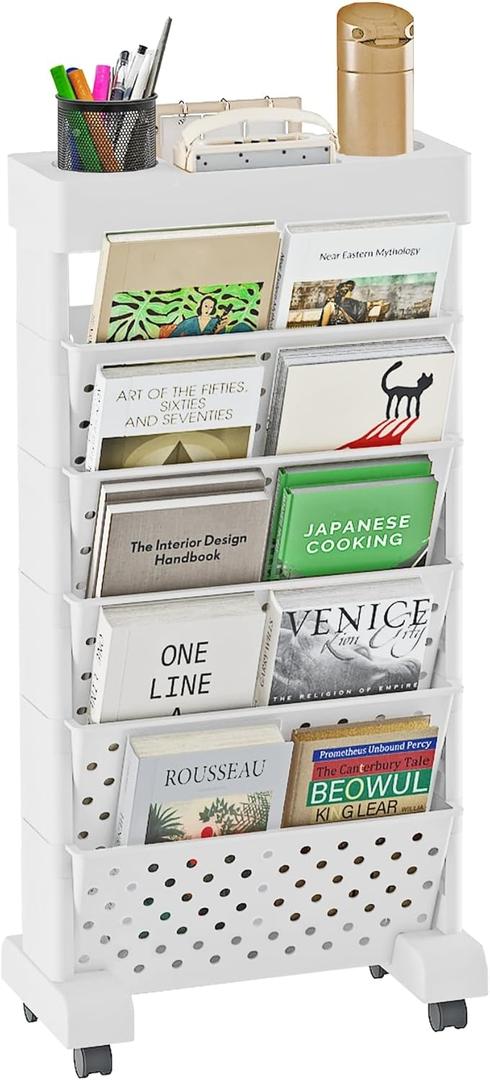 BYFU 6-Tier Movable Bookshelf Cart, Rolling File Paper Storage Organizer Mobile Bookcase with Wheels for Home Office Study Classroom, White