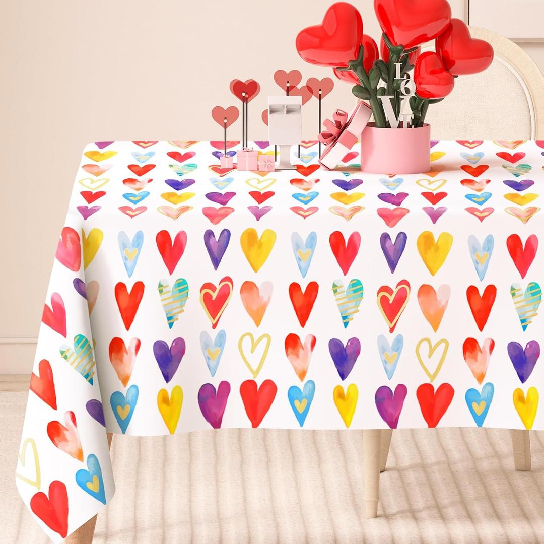 Valentine's Day Rectangle Tablecloth Colorful Hearts Fabric Table Cloth Watercolor Washable Table Cover for Wedding Anniversary, 60 x 104 Inch