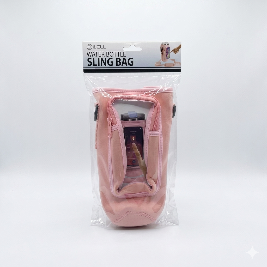 B•WELL Water Bottle Sling Bag with Adjustable Strap& Convenient Phone Pocket. Pink