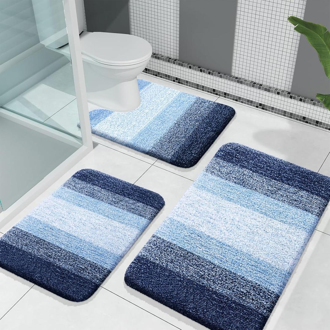 OLANLY Bathroom Rugs Sets 3 Piece, Soft Absorbent Microfiber Bath Mats and U-Shaped Contour Toilet Rug, Plush Shaggy Bath Mat Set for Bathroom (30"x20"+24"x16"+24"x20", Navy)