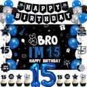 Vlipoeasn 15th Birthday Decorations Set for Boys Girls, 35PCS Black Blue 15 Year Old Birthday Backdrop Banner, Black Blue Bruh I'm 15 Party Supplies