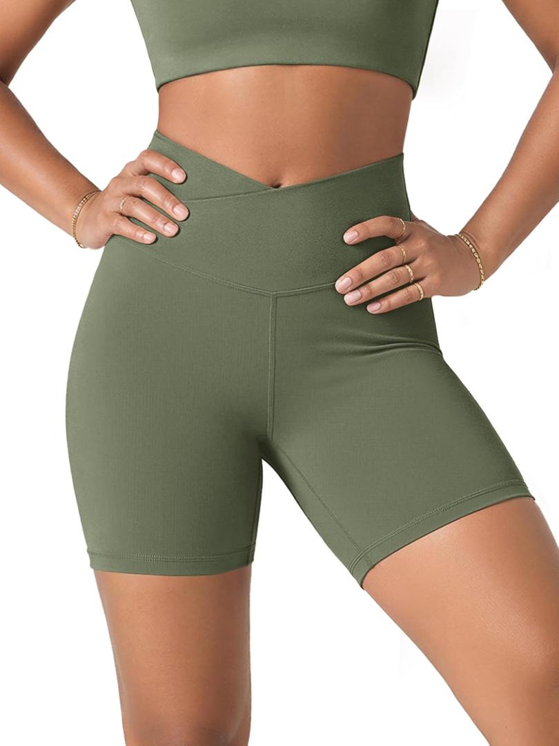 ODODOS Cloud Feeling Crossover Biker Shorts with Back Pocket for Women, 6" Inseam V High Wasit Lounge Yoga Shorts, Dark Olive, Medium (Green, M)