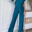 PRETTYGARDEN Women's Short Sleeve V Neck Jumpsuits Summer Long Pants Rompers Business Casual Outfits (Lake Blue, Medium)
