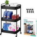 3 Tier Rolling Cart, Metal Utility Cart with 4 Hooks, Rolling Storage Cart on Wheels, Small Organizer Cart for Nursery, Kitchen, Living Room, Bathroom, Black
