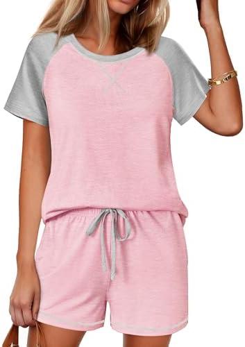 Ekouaer Pajamas for Women Set Soft Short Pj Set 2 Piece Lounge Set Raglan Sleeve Top and Pj Shorts 2XL