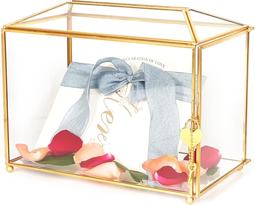 12.6" Glass Card Box Wedding Card Box with Lock for Wedding Reception Cosmetic Home Decor, Handmade Large Geometric Terrarium with Hinged Lid, Brass Frame - (Golden/Roof)