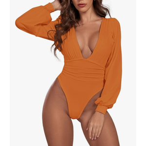 Umenlele Women's Plunging V Neck Ruched Pleated Long Sleeve Top Leotard Bodysui S