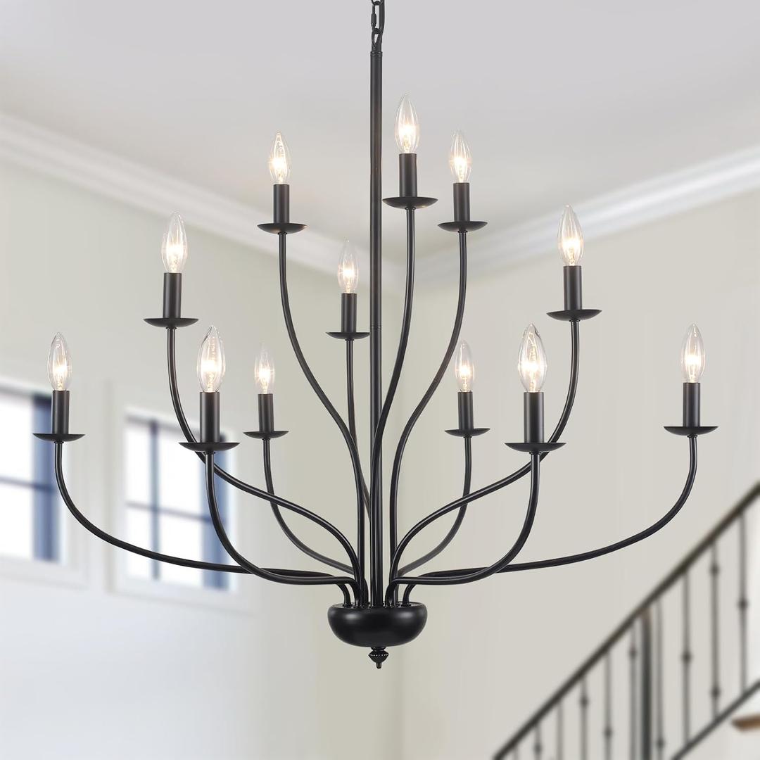 Black Chandelier 12 Light, Large Modern Farmhouse Chandeliers for Dining Room, Industrial Candle Pendant Lighting Fixture for Foyer Hallway Entryway High Ceiling, Bedroom, Living Room, Kitchen E12