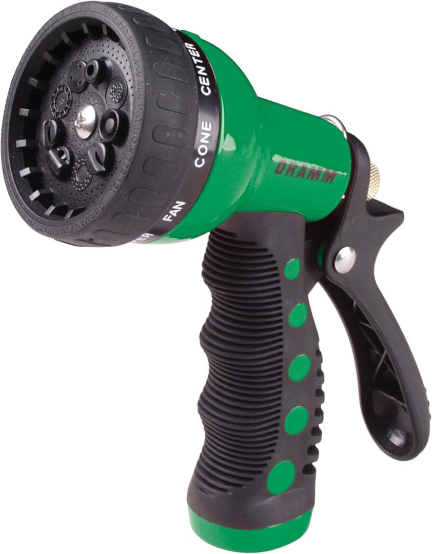 Dramm Revolver Heavy Duty 9 Pattern Quick Click Adjustable Garden Hose Spray Nozzle with Trigger Style Handle, for your Car, Boat, Deck, Sidewalk, Flowers and Young Trees, Green 