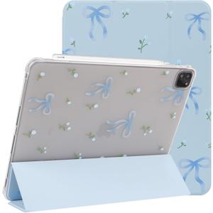 Lovmooful Compatible for iPad Pro 11-Inch,2022/2021/2020/2018 Model(4th/3rd/2nd/1st Generation) Case with Pencil Holder Cute Bowknot Bow with Flower Design Soft TPU Trifold Stand Protective-Blue