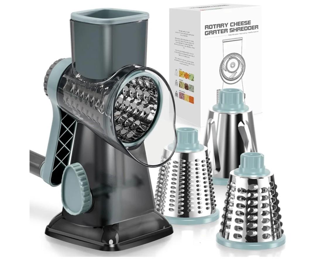 KEOUKE Rotary Cheese Grater Hand Crank Transparent - Shredder Slicer Grinder 3 Stainless Steel Blades, Stable Suction, Labor-Saving Handle, Safe Kitchen Tool for Cheese, Vegetable, Nuts, Chocolate