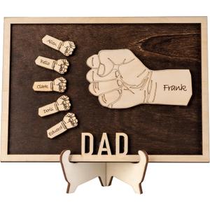 2 x Personalized Fists Bump Wood Sign for Dad, Fathers Day Plaque Gift with Kid Names, Grandparents Day Birthday Gifts for Daddy From Daughter Son Wife (DAD)