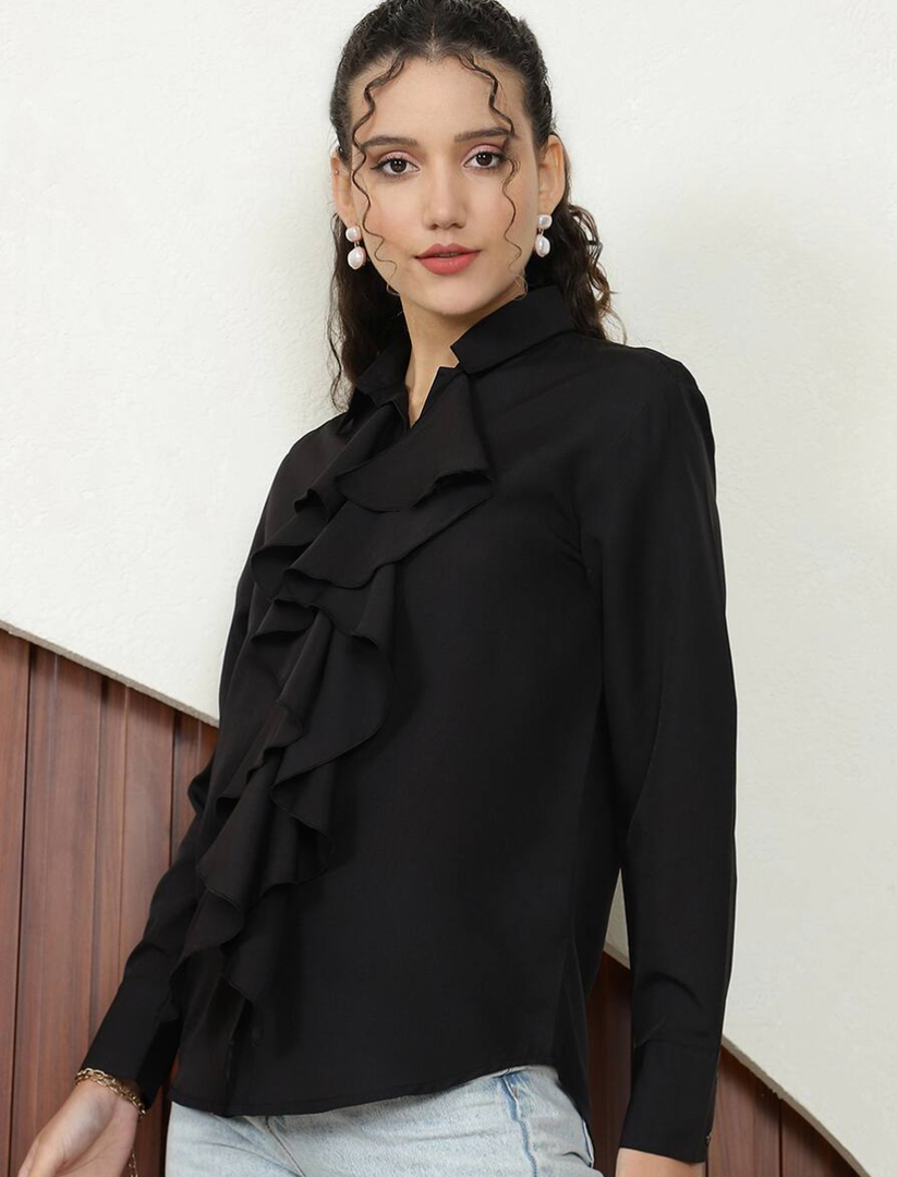 Elegant Cutaway Collar Cuffed Curved Hem Ruffled Shirt, Medium