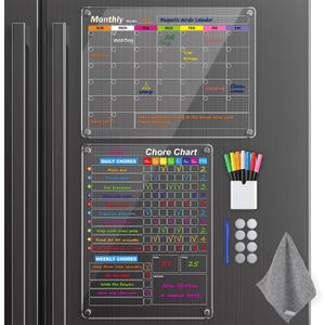 Clear Magnetic Acrylic Dry Erase Calendar for Fridge, Monthly & Weekly/Chore Chart Planning Board Set for Kids/Adults/Teens, Includes 7 Colorful Markers, 16"x12"
