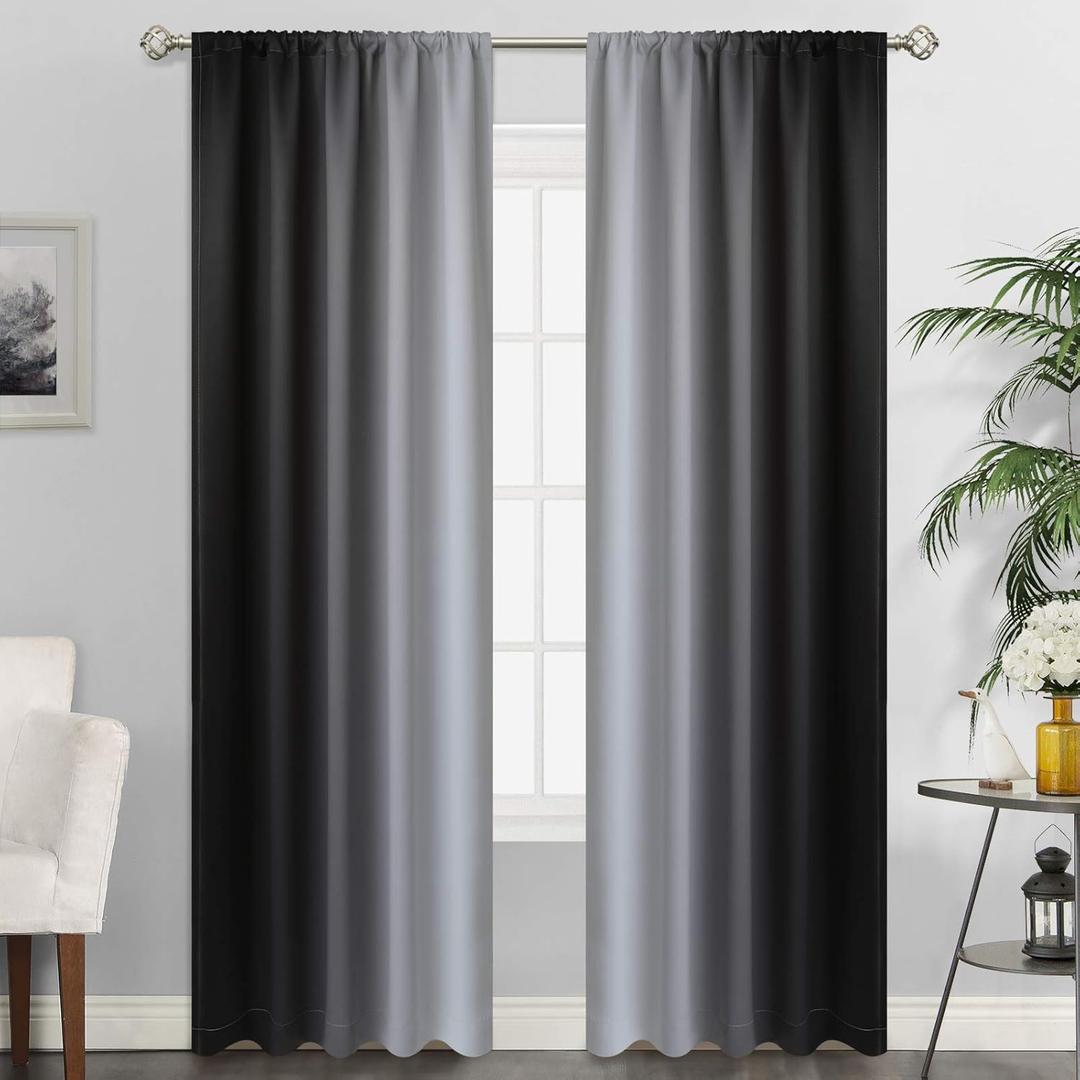 SimpleHome Ombre Room Darkening Curtains for Bedroom, Rod Pocket Gradient Black to Greyish White Light Blocking Thermal Insulated Window Curtains Drapes for Living Room,2 Panels, 52x84 inches Length