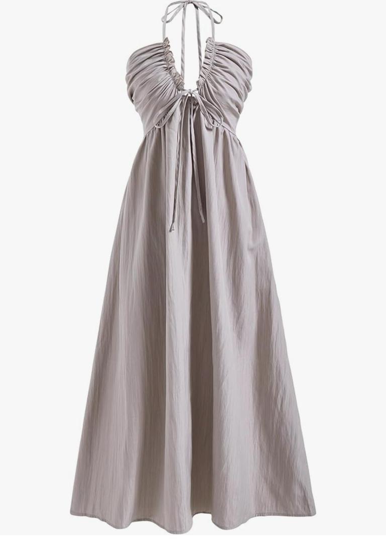 Women's Tie Backless Halter Maxi Dress Deep V Neck Flowy Maxi Beach Vacation Dresses L