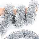 50 Ft Silver Christmas Tinsel Garland - Metallic Twist Shiny Hanging for Tree Decorations, Xmas Holiday, Home Indoor Outdoor Party Supplies Decor