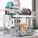 Over Sink Dish Drying Rack, Upgrade 2.5-Tier 304 Stainless Steel Dish Rack Adjustable Length with Pots and Pans Rack, Modern Over The Sink Dish Drainer Rack for Kitchen Storage Counter Organizer