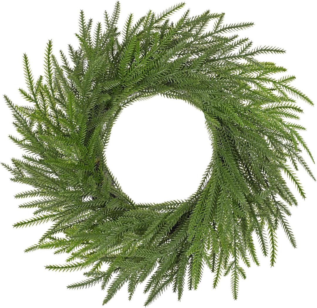 Hollyone Real Touch Norfolk Pine Wreath 16 inch for Front Door Small Winter Pine Faux Plant Greenery Mini Christmas Wreath for Mantle Window Wall Xmas Decor Indoor Outdoor Outside Christmas Decoration