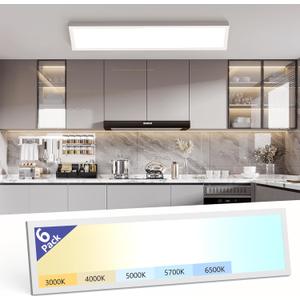 AIKVSXER 1x4 Led Flat Panel Light Surface Mount-6 Pack, 50W 5500Lm Dual Selectable 5CCT 3000K/4000K/5000K/5700K/6500K and Wattage 30-50W 0-10V Dimmable Ceiling Light Fixture for Kitchen/Laundry