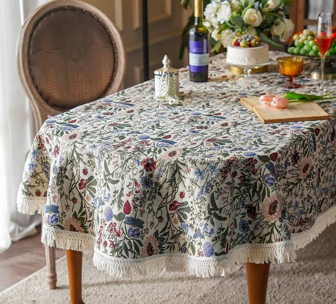 SUTAVIA French Floral Tablecloth Hand-Made Cotton Fabric with Lace Vintage Berry Garden Pattern Tabletop Sofa Cover Blanket for Home Holiday Party Decor (Red Floral, Oval, 60"x102"
