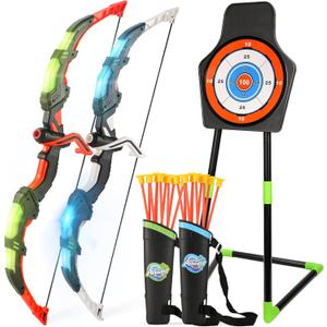 Bow and Arrow Set for Kids, 2-Pack LED Light Up Archery Set with 20 Suction Cup Arrows, Indoor and Outdoor Toy for Boys Girls Age 4-8 8-12 with Standing Target&2 Quivers, Birthday Gift 3-12 Years Old