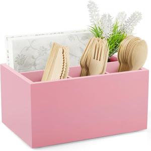 DRASTAR Utensil Caddy, Wooden Picnic Cutlery Organizer, Countertop Plastic Silverware Holder, Pink (Small, Pink)