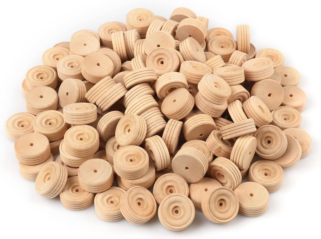 Wooden Wheels, 150 PCS, 1.18 inches, Treaded Wooden Tires Wheels with 0.14" Hole Perfect for DIY Wood Carft Projects and Trucks, Car Models, by GNIEMCKIN..